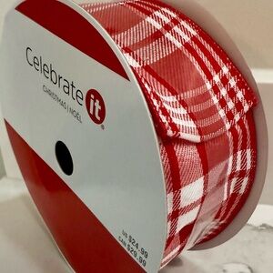 Red and White 2 x 80 Holiday Wired Plaid Ribbon